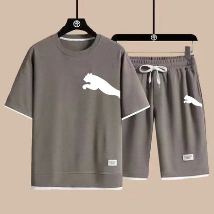 Set 2025 new casual sportswear for men summer two-piece clothing short-sleeved round neck and shorts two fashionable clothes - Ellianto fashion Men's