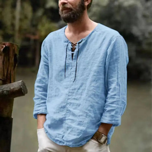 New Men's Cotton Linen shirt Male Solid Color V Neck bandage T-shirts Summer Men's Casual Long Sleeves Linen shirt Tops S-3XL - Ellianto fashion Men's