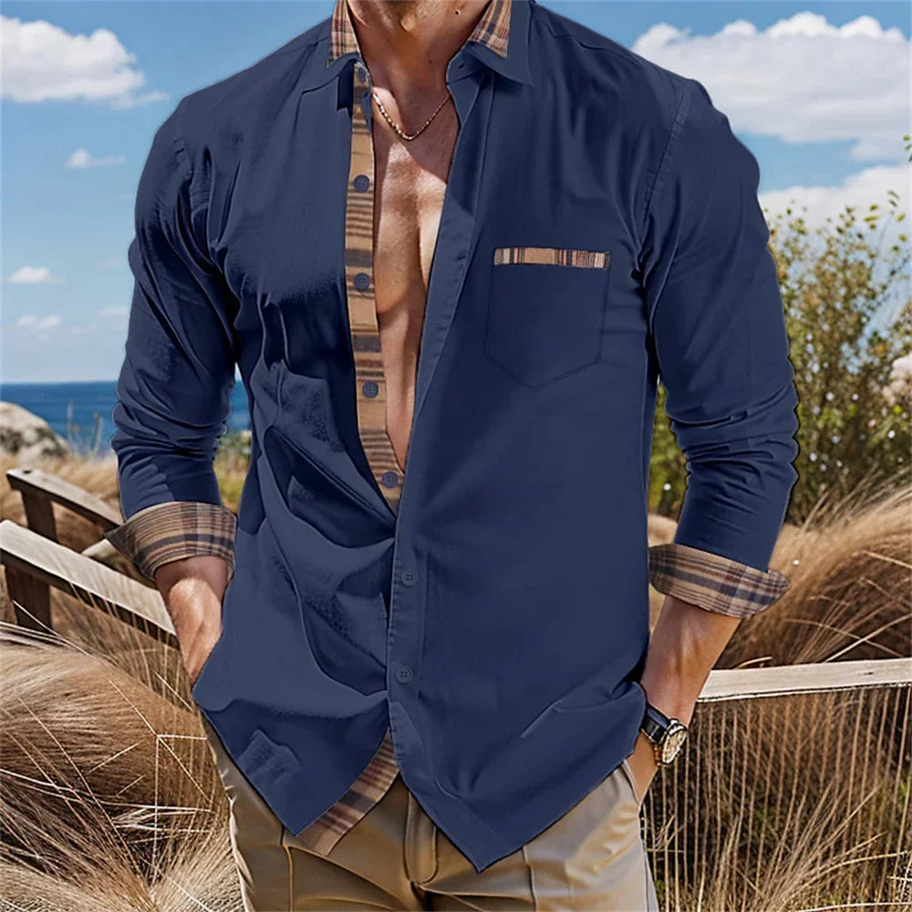Men's Button Up Shirt, Black and White Solid Color, Long Sleeved Striped Cuffs, Lapel Collar, Daily Vacation Pocket, Fashionable - Ellianto fashion Men's