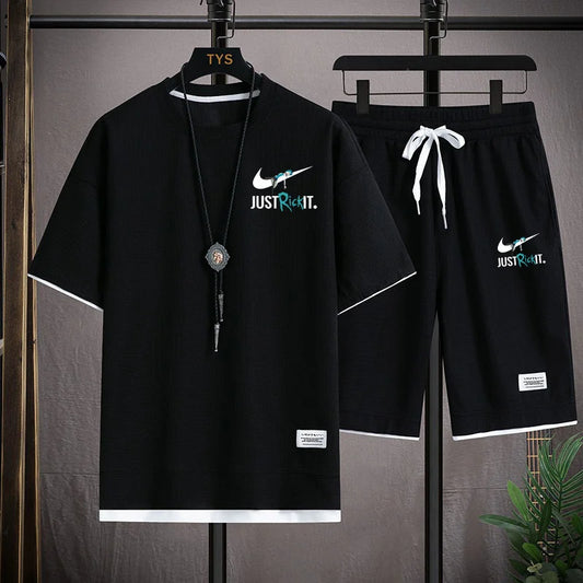 Set 2025 New European and American men's Summer casual cotton and linen short-sleeved shirt + jogging sports shorts 2-piece set - Ellianto fashion Men's
