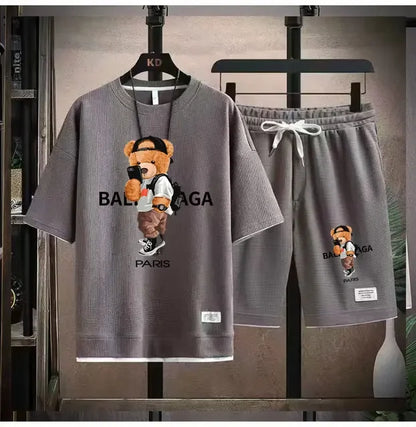 Set The 2025 new summer men's suit jacket short-sleeved oversized T-shirt + outdoor men's jogging casual shorts 2-piece set is sport - Ellianto fashion Men's