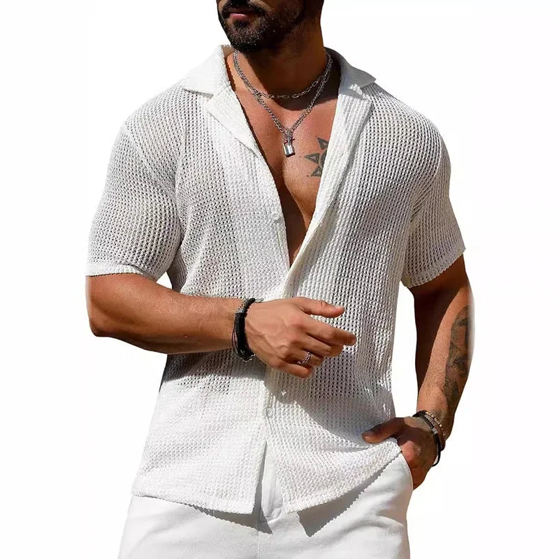 Sexy Hollow Out Breathable Knitted Shirt Men Summer Beach See Through Casual Shirts Mens Short Sleeve Button Solid Color Shirts - Ellianto fashion Men's