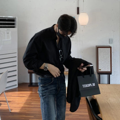 New Korean Business Men Shirts Light Luxury Slim-fit Solid Color Long Sleeve Cardigans Leisure Breathable Solid Color Basic Tops - Ellianto fashion Men's