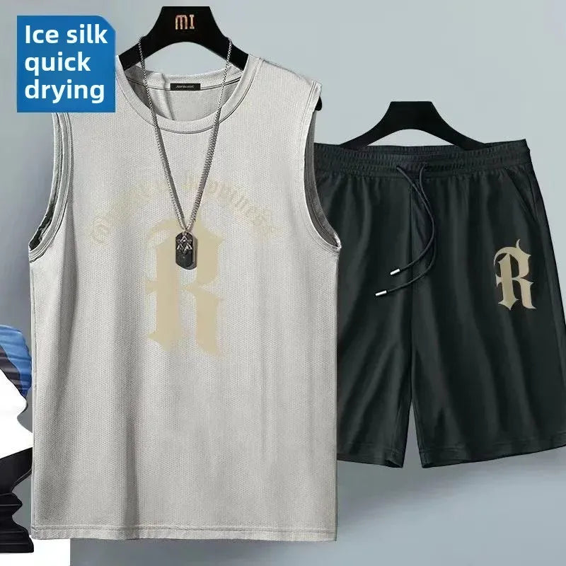 Ice Silk Men's Sports Set Quick Dry Basketball Uniform Summer Vest Shorts Gym Running One Piece Thin Male Fitness Outfit - Ellianto fashion Men's