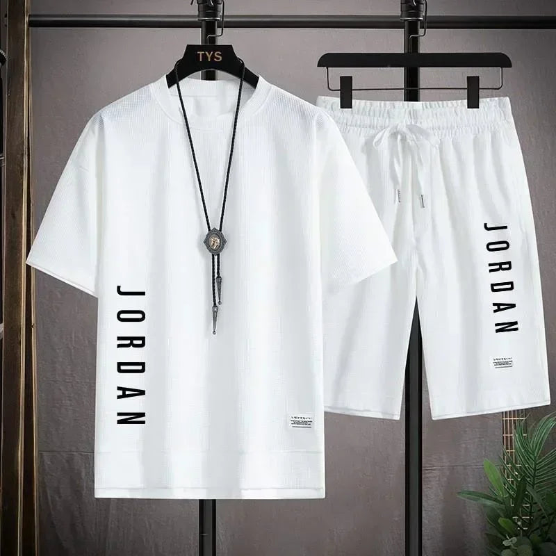 2025 Elegant casual T-shirt and shorts set for men's sports suit loose and comfortable summer waffle set for men - Ellianto fashion Men's