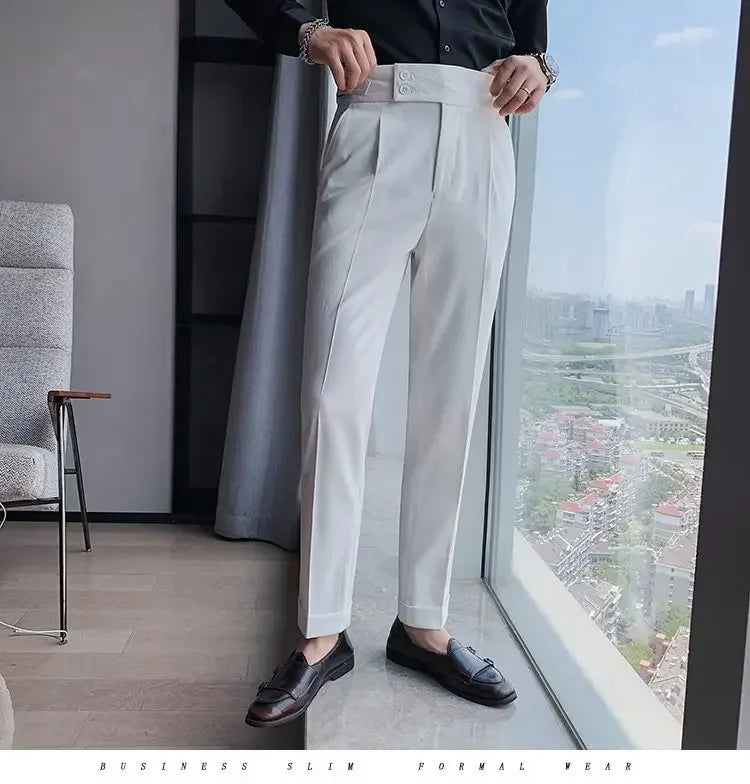 AutumnCasualTrousersMenStraight-LegNarrow-FitHigh-WaistedSlimsBritishStyleSuit Pants BusinessAttire - Ellianto fashion Men's