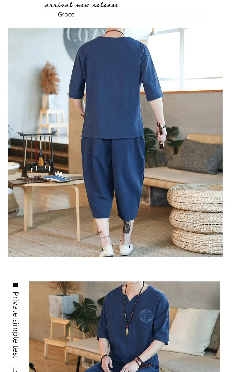 Men's Loose-fit Casual Pants Set Chinese Style Cotton Linen Short Sleeve Shirt Seven-point Shorts Two-piece Suit - Ellianto fashion Men's