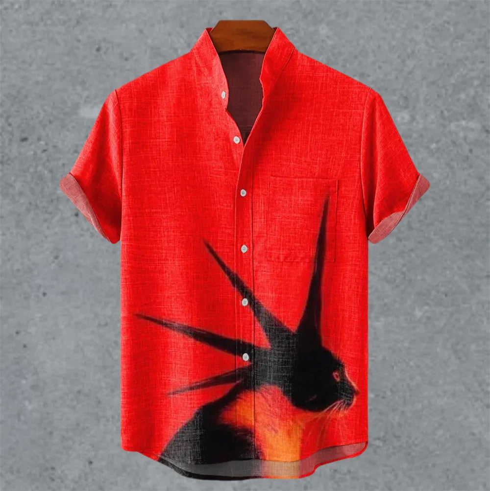 Art retro vintage men's shirt with mottled marks, standing collar printed short sleeved shirt, casual and comfortable top S-5XL - Ellianto fashion Men's