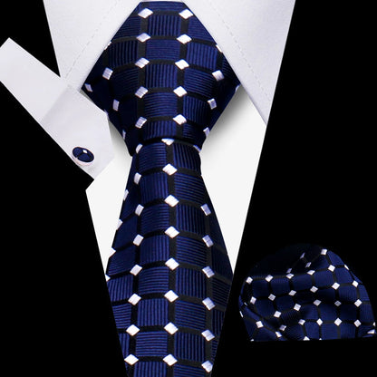 Tie Men Business Necktie Set Classic Plaid Cufflinks Handkerchief For Suit Wedding High Quality 3pcs Ties Sets Formal Gravata - Ellianto fashion Men's