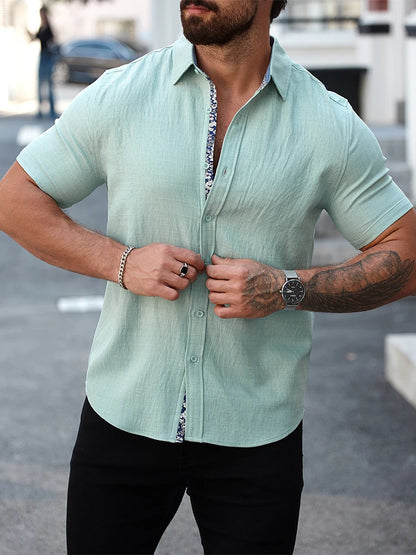 Casual Draped Breathable Mens Shirts Summer Daily Leisure Turn-down Collar Button Shirt Men Vintage Patchwork Short Sleeve Shirt - Ellianto fashion Men's