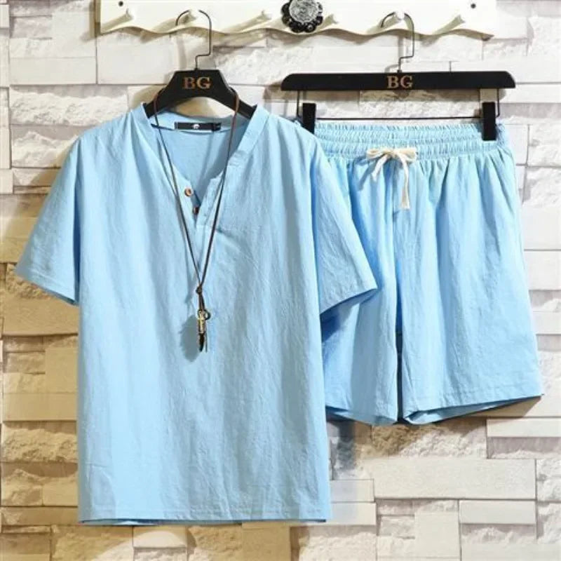 Cotton Linen Man Sets Plain Sports V-neck Basic 2 Piece Outfit Loose Fashion 2025 Cool Elastic Tee T-shirts Shorts Suits for Men