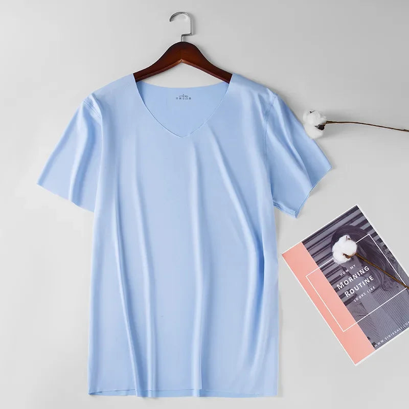 Men's Skinny Undershirt Plus Size Ice Silk Basic Shirts Breathable V-Neck Seamless T-shirt Underwear Thin Slim Bottoming Shirt - Ellianto fashion Men's