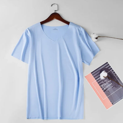 Men's Skinny Undershirt Plus Size Ice Silk Basic Shirts Breathable V-Neck Seamless T-shirt Underwear Thin Slim Bottoming Shirt - Ellianto fashion Men's