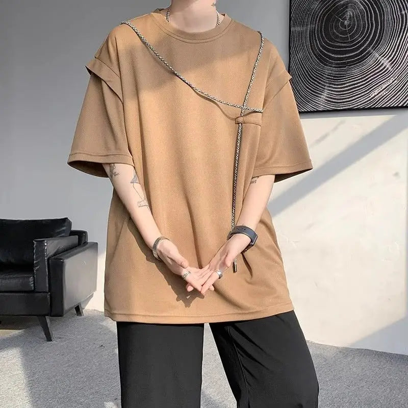 Fake Two-piece Short-sleeve T-shirt for Men New Summer Style American Retro High Street Trendy Brand Loose T-shirt - Ellianto fashion Men's