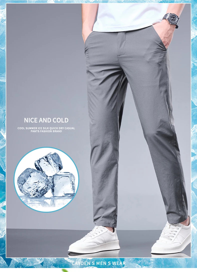 Summer New Business Ice Silk Pants Straight Elastic Waist Black Gray Trousers Breathable Simple Male Clothing Casual Suit Pants - Ellianto fashion Men's
