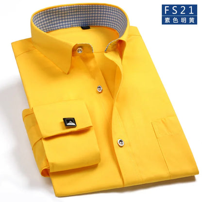 M~6XL Men's French Cuff Dress Shirt White Long Sleeve Social Male Shirts Regular Fit Party Dinner Wedding Cufflinks Formal Shirt - Ellianto fashion Men's