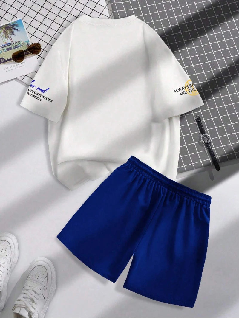 Set Summer Trend Men's Round Neck Short Sleeve Set Fashion Personalized Alphanumeric Print Round Neck T-shirt and Shorts Two Piece - Ellianto fashion Men's