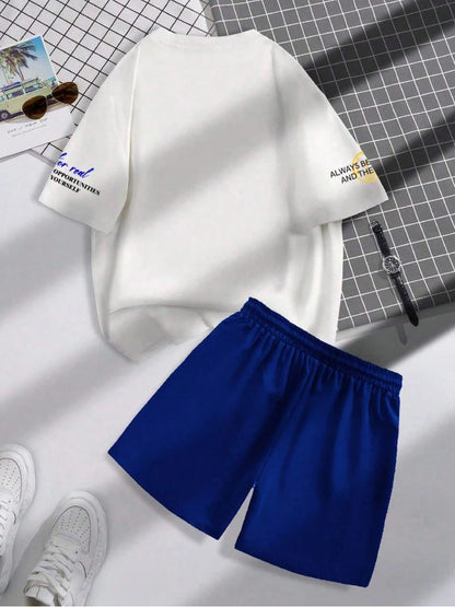 Set Summer Trend Men's Round Neck Short Sleeve Set Fashion Personalized Alphanumeric Print Round Neck T-shirt and Shorts Two Piece - Ellianto fashion Men's