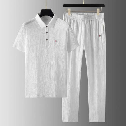 Summer Men's Casual Thin Polo Collar Two-Piece Suit Set Fashionable Flip Collar Male Clothing Full Set Integrated Ensemble - Ellianto fashion Men's