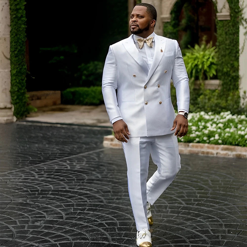 White Satin Men's Suit 2 Piece Peaked Collar Blazer Double Breasted Jacket Wedding Groom Tuxedo Elegant Men's CustomizationXS-5X - Ellianto fashion Men's