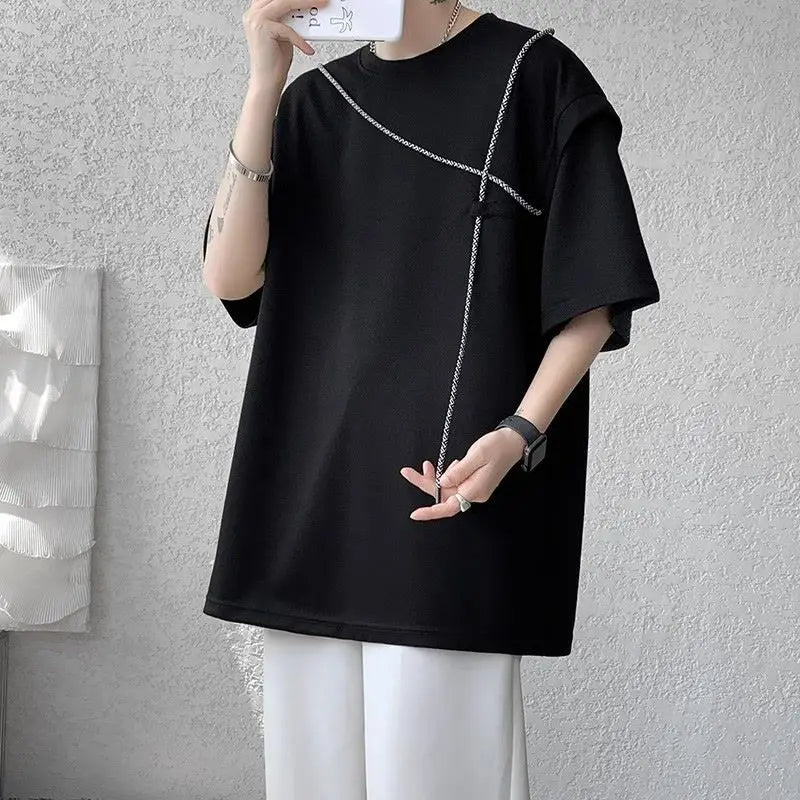 Fake Two-piece Short-sleeve T-shirt for Men New Summer Style American Retro High Street Trendy Brand Loose T-shirt - Ellianto fashion Men's