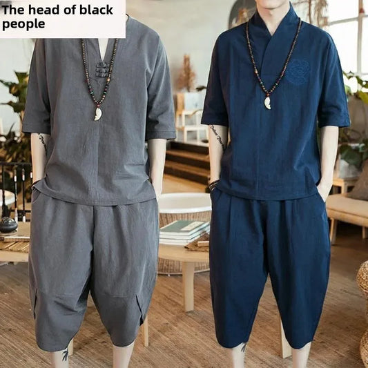 New Summer Linen Set Men's Chinese Style T-shirt Short Sleeve Two-piece Loose Seven Pants Set Male Comfortable Breathable - Ellianto fashion Men's
