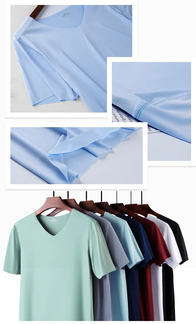 Men's Skinny Undershirt Plus Size Ice Silk Basic Shirts Breathable V-Neck Seamless T-shirt Underwear Thin Slim Bottoming Shirt - Ellianto fashion Men's