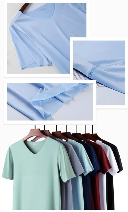Men's Skinny Undershirt Plus Size Ice Silk Basic Shirts Breathable V-Neck Seamless T-shirt Underwear Thin Slim Bottoming Shirt - Ellianto fashion Men's
