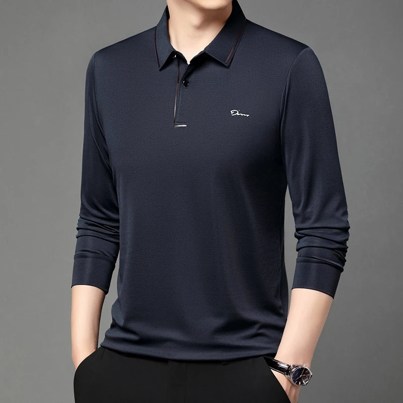 New Men's Business Casual Long Sleeved Shirt with Badge Solid Color Polo Shirt Fashionable Breathable Comfortable Versatile Top - Ellianto fashion Men's