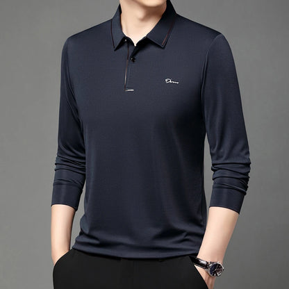 New Men's Business Casual Long Sleeved Shirt with Badge Solid Color Polo Shirt Fashionable Breathable Comfortable Versatile Top - Ellianto fashion Men's