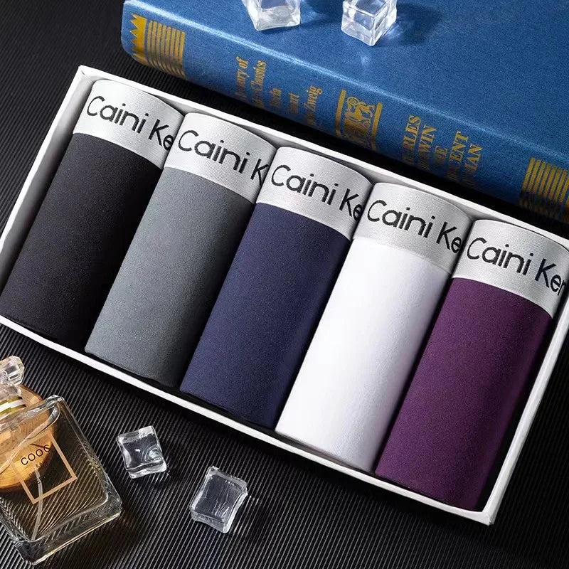 5Pcs/Men's Shorts Brand Underwear Fashion Trend Sexy Boxer Breathable Soft Boxers Men Classic Black Solid Color Underwear Men - Ellianto fashion Men's