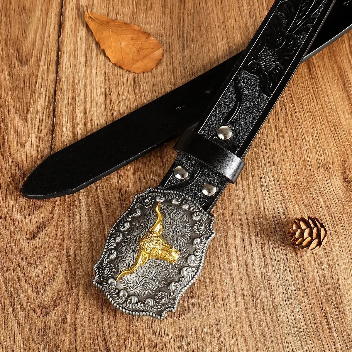New Men's Western Cowboy Belt - Cool Handsome Black Faux Leather with Embossed Design and Stylish Alloy Buckle men belt - Ellianto fashion Men's