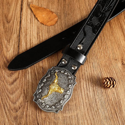 New Men's Western Cowboy Belt - Cool Handsome Black Faux Leather with Embossed Design and Stylish Alloy Buckle men belt - Ellianto fashion Men's