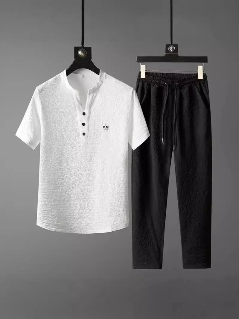 New 2025 Men's Slim Fit Short Sleeve Sportswear Set Casual Embroidered V-Neck Chinese Style Lightweight Two-Piece Suit - Ellianto fashion Men's