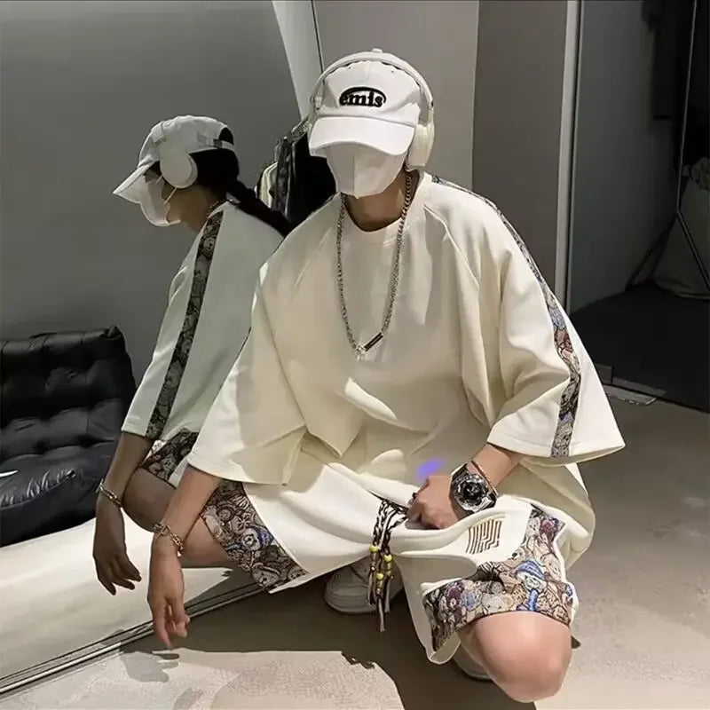Chinese Style Men's Loose-fit Short Sleeve T-shirt Patchwork Design Sensibility Summer Sport Casual 2-piece Set - Ellianto fashion Men's