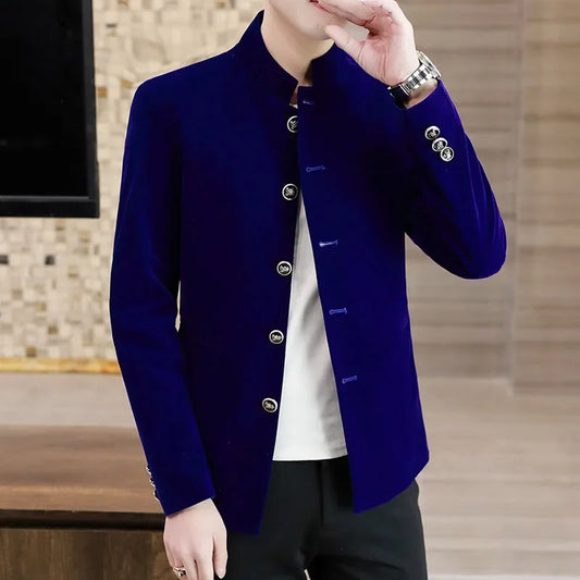 HOO 2025 New Men's Autumn Stand Collar blazer Youth Velveteen Multi-Button blazers - Ellianto fashion Men's