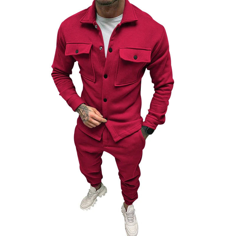 Men's casual overalls jacket and pants suit for fall/winter outdoor vacation American style men's fashion suede 2 piece set - Ellianto fashion Men's