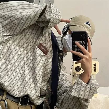 2023 Japanese Vintage Striped Long-Sleeve Shirt – Lightweight Comfort and Effortless Spring-Autumn Style for the Modern Gentleman