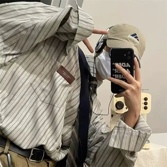 2023 Japanese Vintage Striped Long-Sleeve Shirt – Lightweight Comfort and Effortless Spring-Autumn Style for the Modern Gentleman