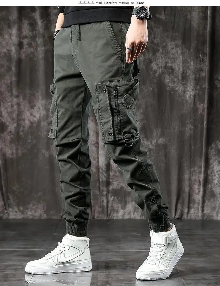 Trendy Men's Spring Autumn Cargo Pants Slim Fit Casual Style Loose Fit American Style Multiple Pocket Small Foot Pants Black - Ellianto fashion Men's