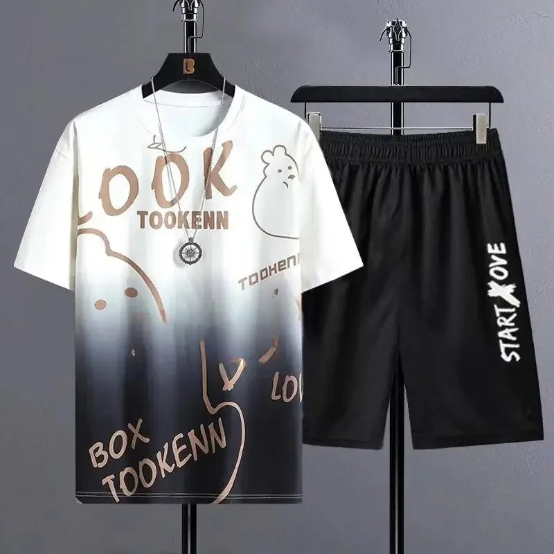 Ice Silk Men's Sportswear Set Quick Dry Casual Dyeing Short Sleeve T-Shirt Shorts Comfortable Lightweight Fashionable Outfit - Ellianto fashion Men's