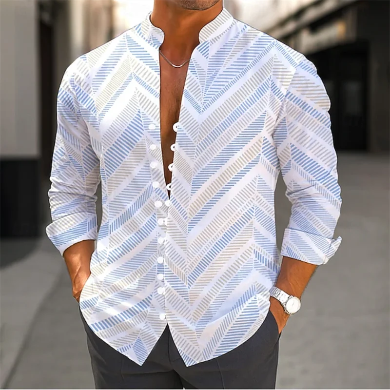 Men's Long Sleeve Shirt Cross Border Summer 3D Bamboo Print Flower Vintage Flip-Neck Long Sleeve Button Top