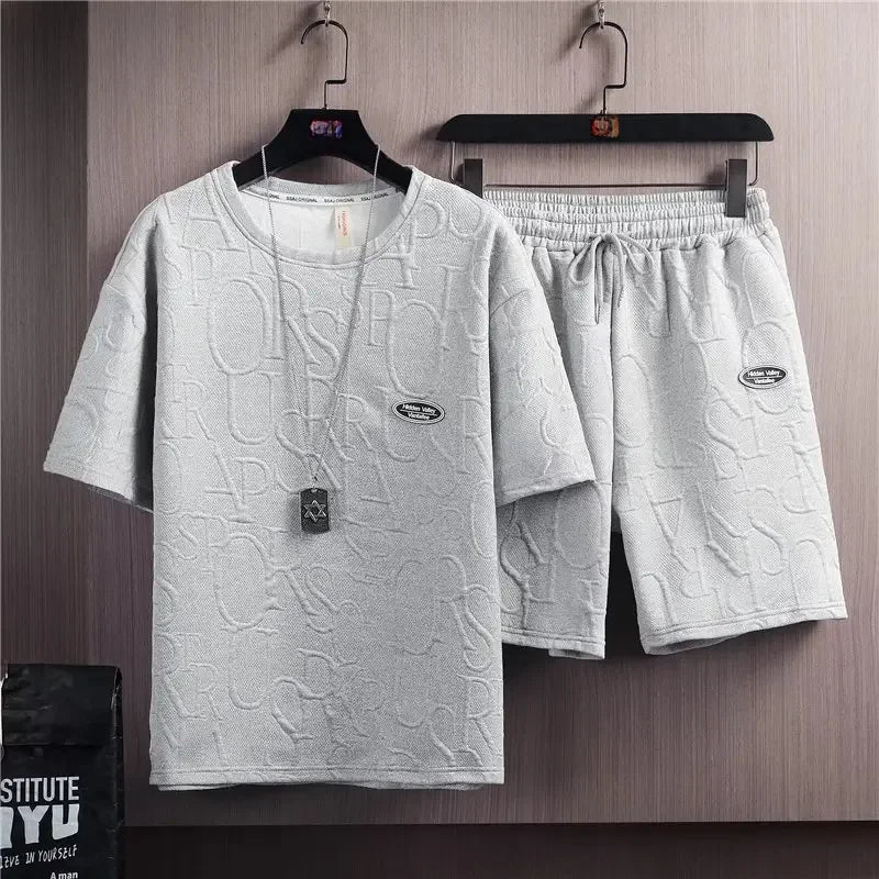 Summer Fashionable Korean Style Men's Short Sleeve Suit Versatile Waist Checked Five-point Shorts T-shirt Set Casual Wear - Ellianto fashion Men's