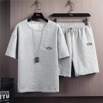 Summer Fashionable Korean Style Men's Short Sleeve Suit Versatile Waist Checked Five-point Shorts T-shirt Set Casual Wear - Ellianto fashion Men's