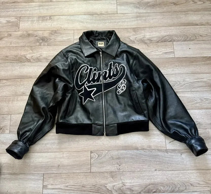 Men Retro Leather Bomber Jacket with Embroidered Star Black Zip Coat Street Style Autumn Winter Casual Outerwear Bold Urban Look