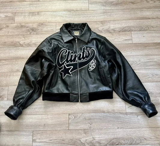Men Retro Leather Bomber Jacket with Embroidered Star Black Zip Coat Street Style Autumn Winter Casual Outerwear Bold Urban Look