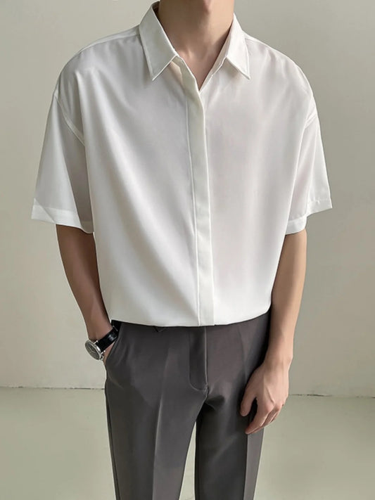 ort Sve Ice Silk irt Men's Casual Drapey Pure Color No Ironing Required Summer Faionable Youthful Stand Fit irt - Ellianto fashion Men's