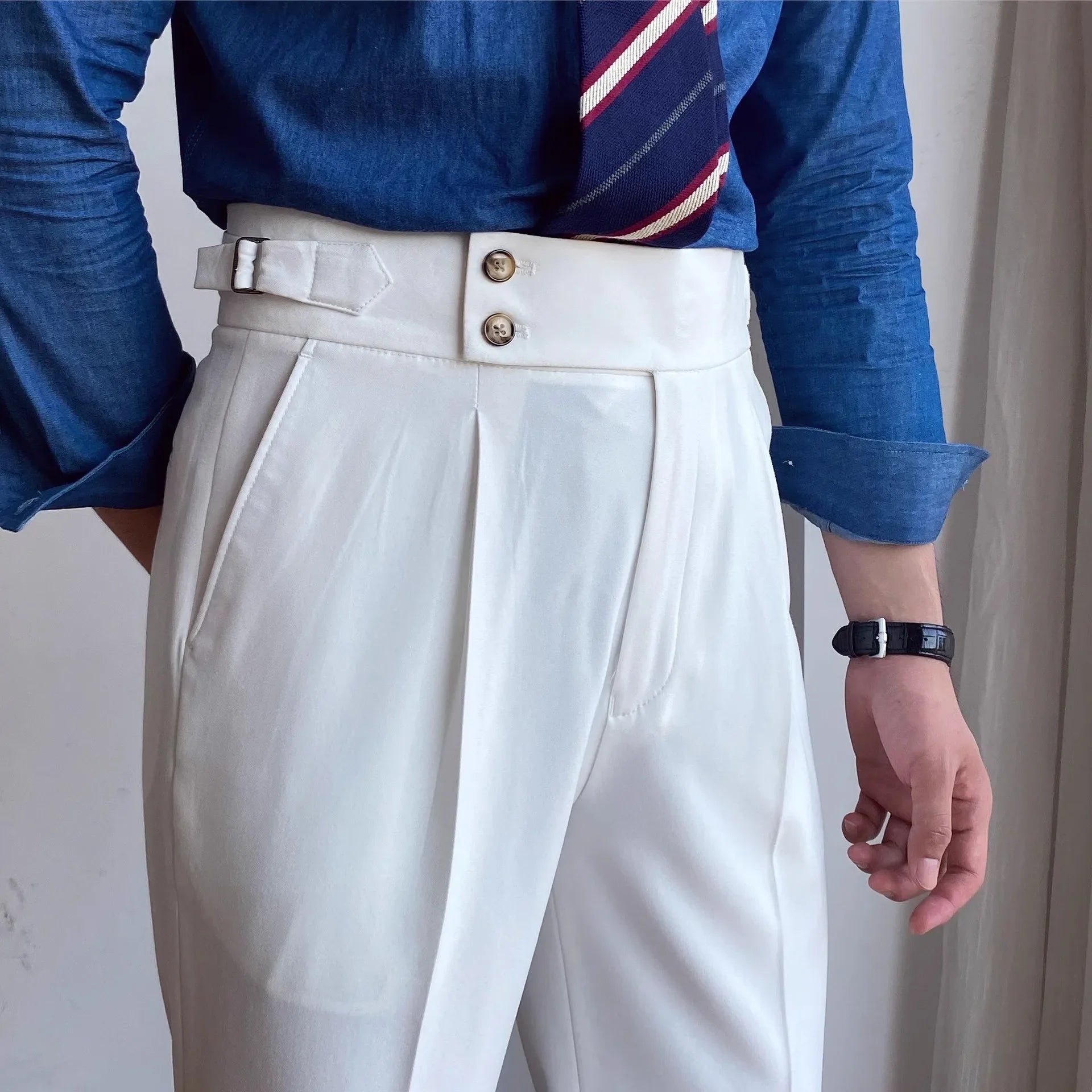 Fashionable High-End Men's Casual Pants Naples Straight Leg Non-Iron Business Paris Buckle High Waist Long Trousers - Ellianto fashion Men's