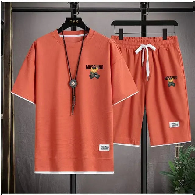 Set The 2025 new summer men's suit jacket short-sleeved oversized T-shirt + outdoor men's jogging casual shorts 2-piece set is sport - Ellianto fashion Men's