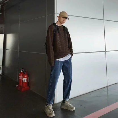 Korean Fashion Sweaters Men Autumn Solid Color Wool Sweaters Slim Fit Men Street Wear Mens Clothes Knitted Sweater Men Pullovers - Ellianto fashion Men's
